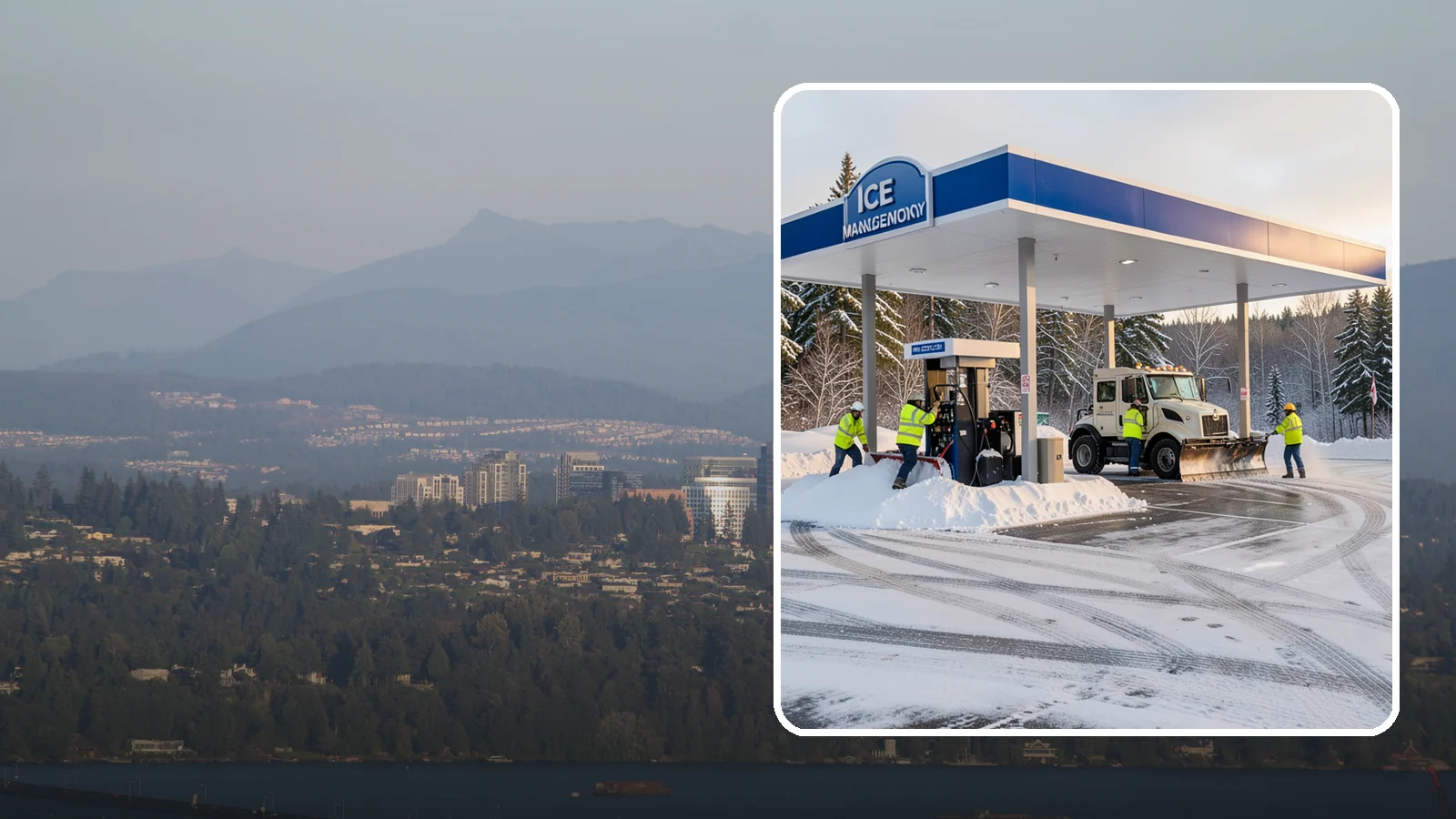 Gas Station Parking Lot Snow Removal in Medina, King County, WA - We clear gas station lots and fuel islands around the clock so Western Washington drivers refuel safely in winter.