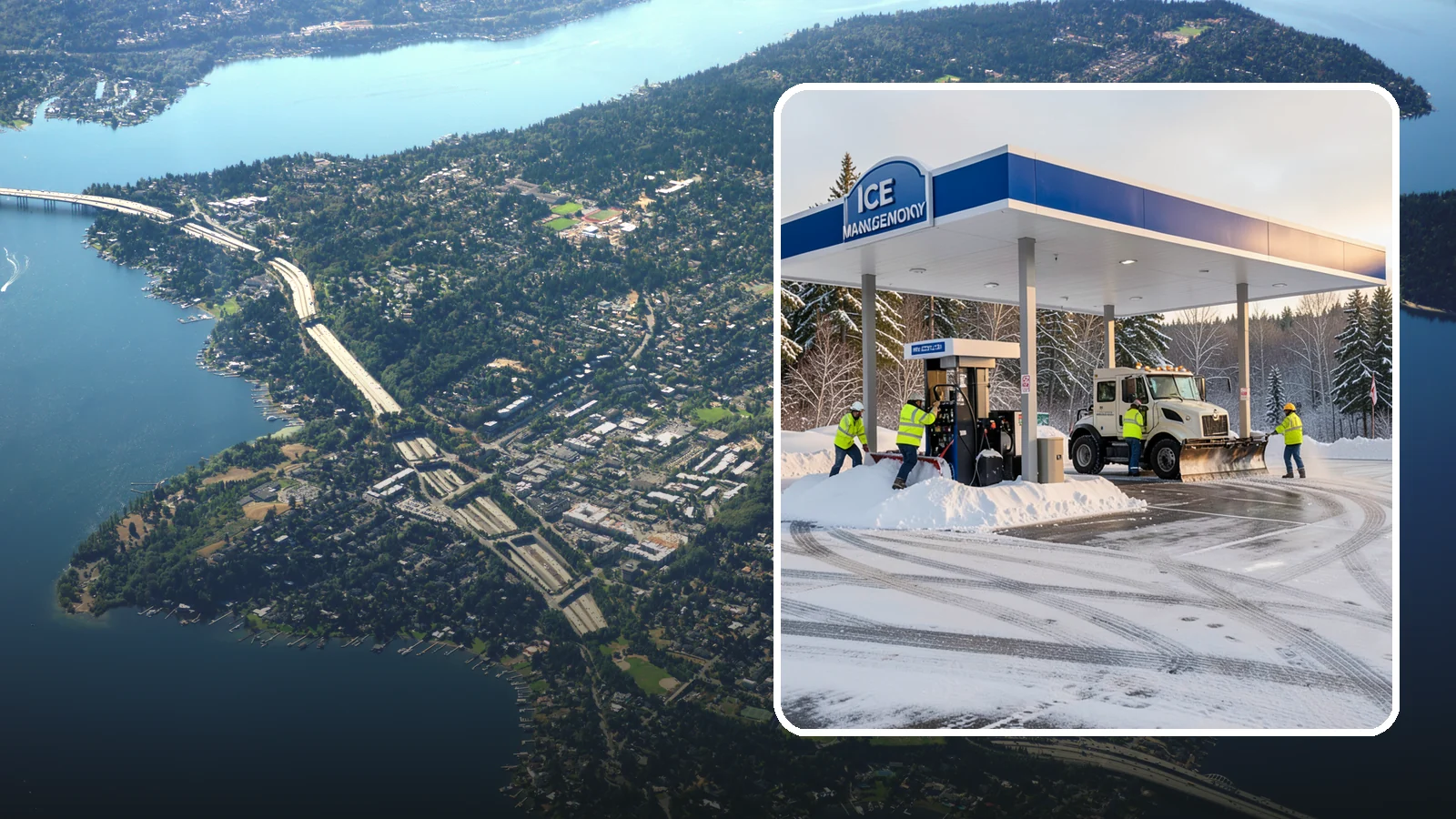 Gas Station Parking Lot Snow Removal in Mercer Island, King County, WA - We clear gas station lots and fuel islands around the clock so Western Washington drivers refuel safely in winter.