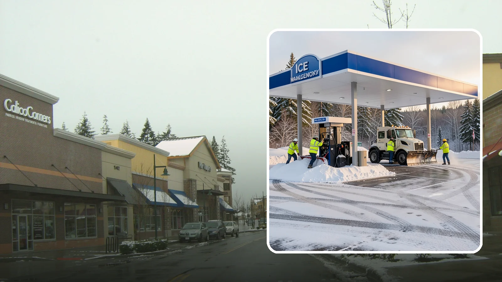 Gas Station Parking Lot Snow Removal in Mill Creek, Snohomish County, WA - We clear gas station lots and fuel islands around the clock so Western Washington drivers refuel safely in winter.