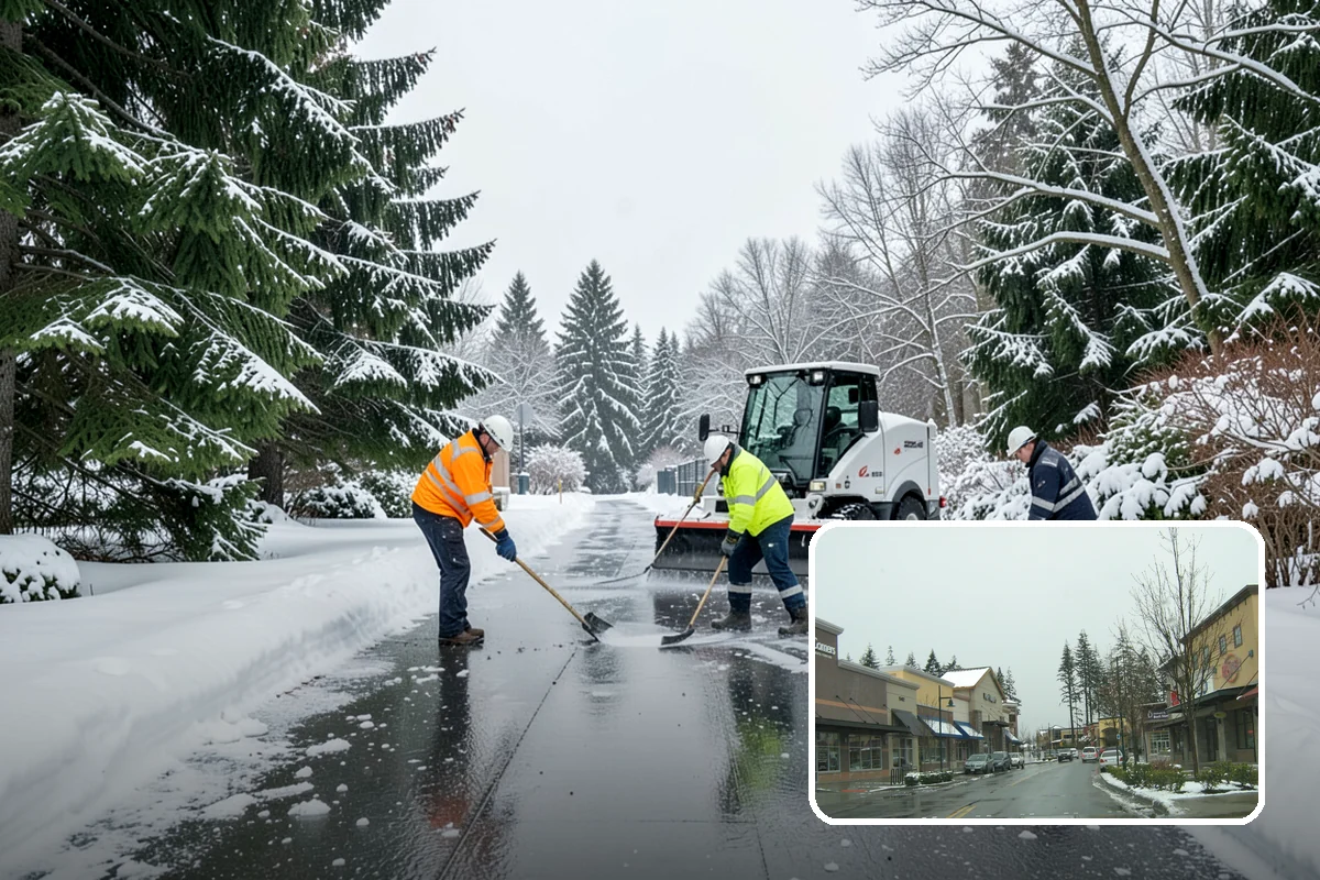 Gas Station Parking Lot Snow Removal in Mill Creek, Snohomish County, WA - Pump lanes and parking stay open for constant fuel traffic