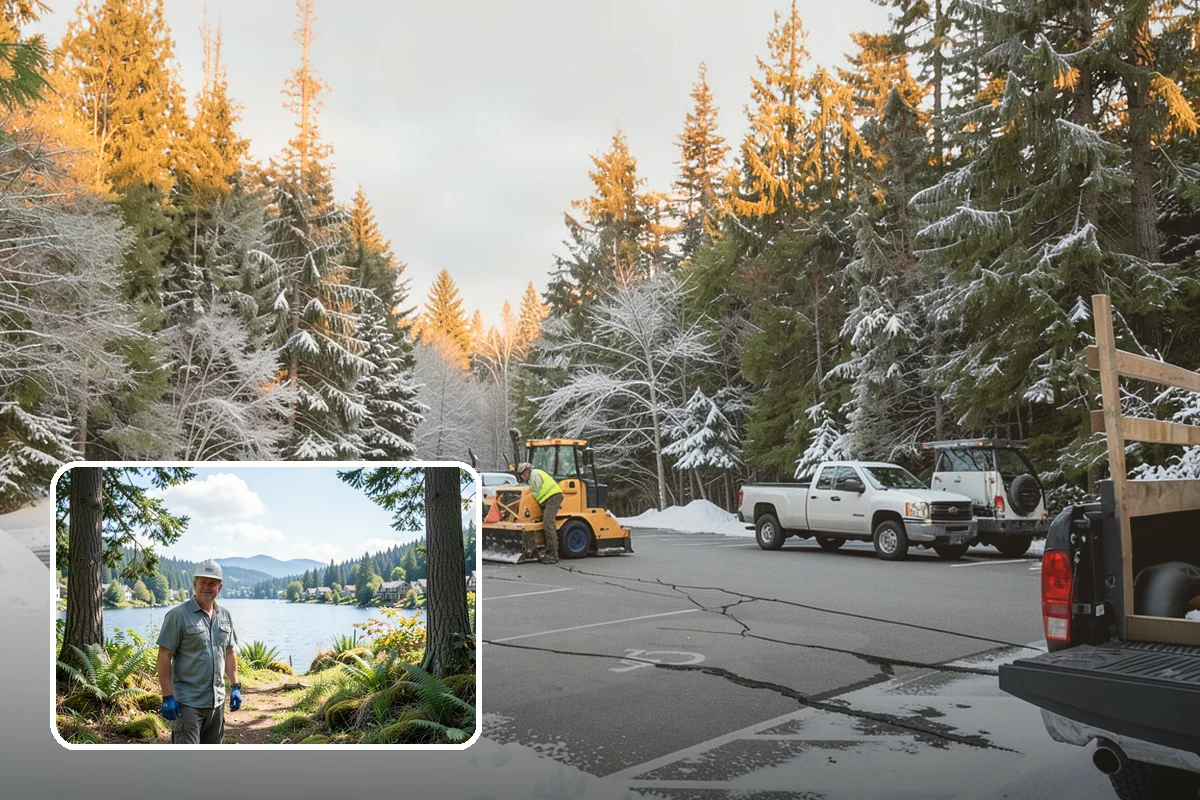 Gas Station Parking Lot Snow Removal in Milton, King County, WA - Pump lanes and parking stay open for constant fuel traffic