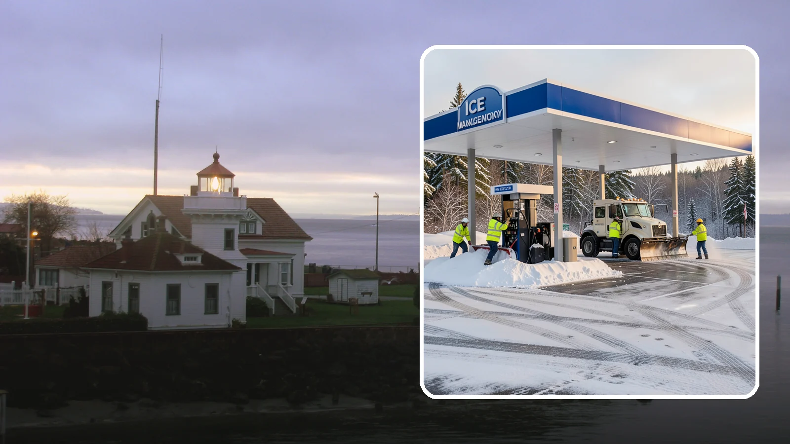 Gas Station Parking Lot Snow Removal in Mukilteo, Snohomish County, WA - We clear gas station lots and fuel islands around the clock so Western Washington drivers refuel safely in winter.