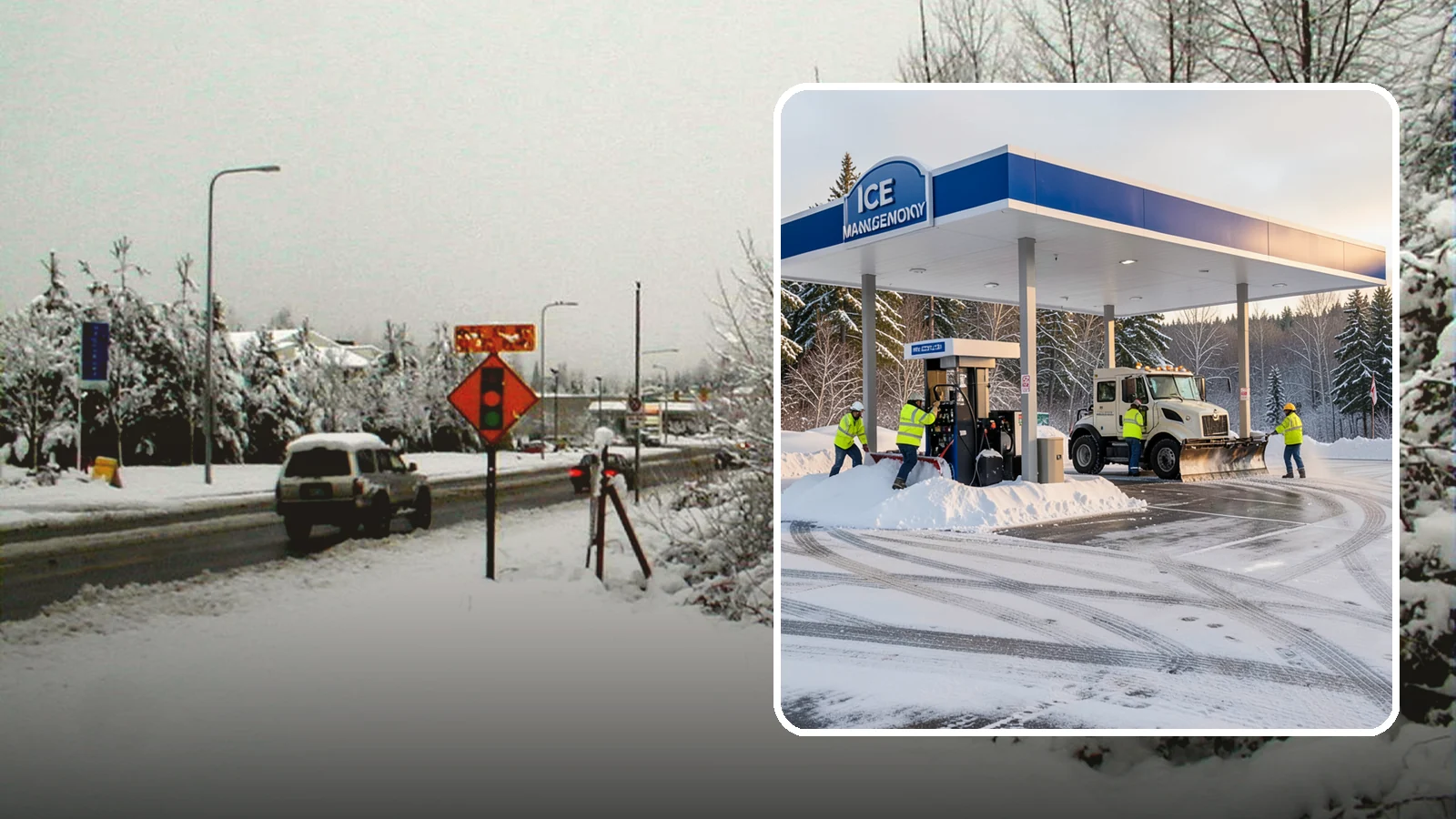 Gas Station Parking Lot Snow Removal in Newcastle, King County, WA - We clear gas station lots and fuel islands around the clock so Western Washington drivers refuel safely in winter.