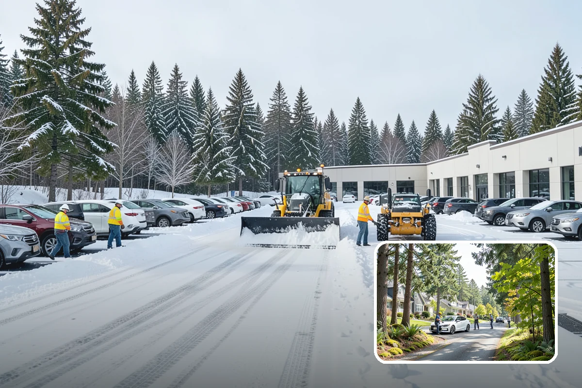 Gas Station Parking Lot Snow Removal in Normandy Park, King County, WA - Pump lanes and parking stay open for constant fuel traffic