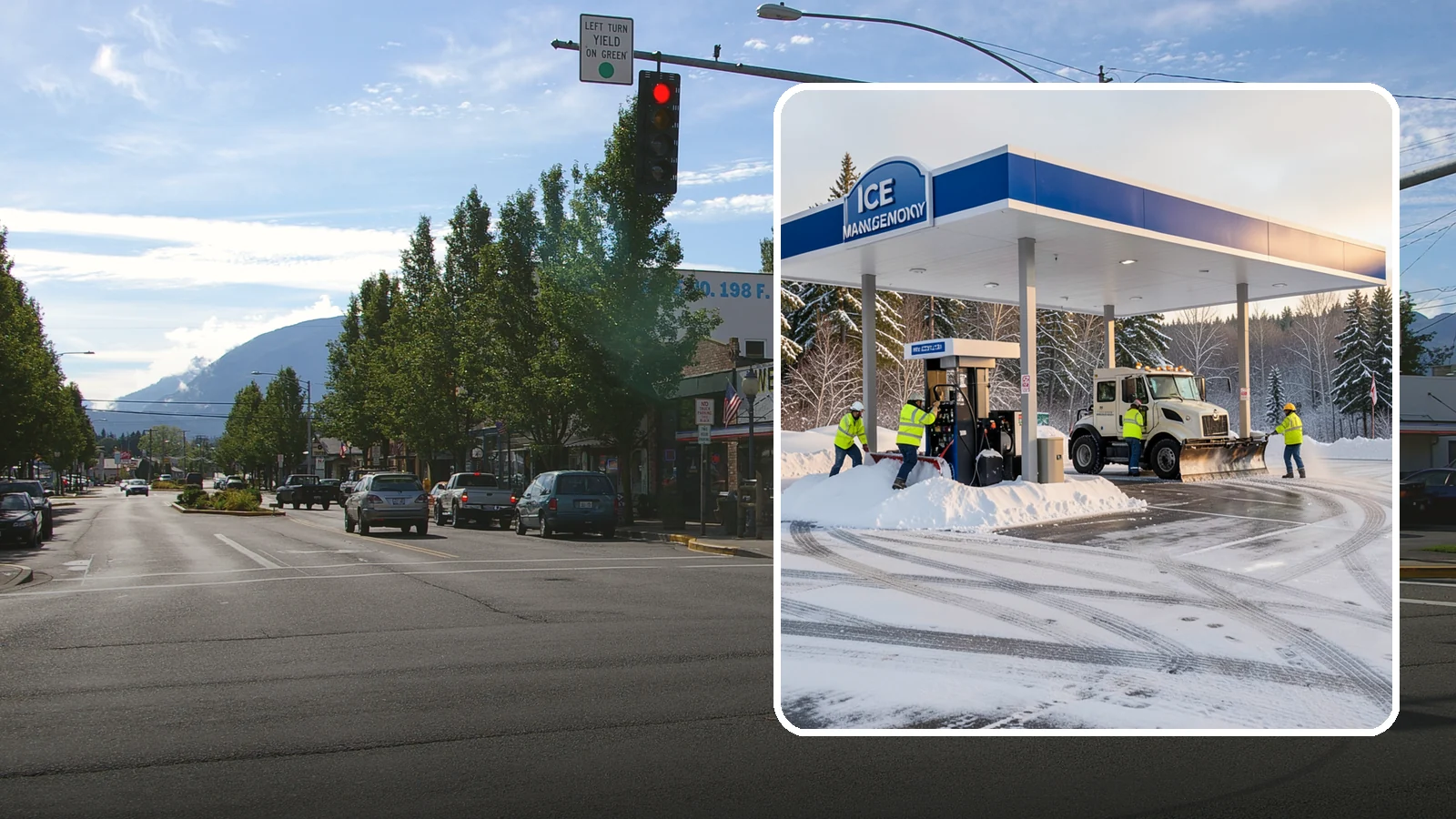 Gas Station Parking Lot Snow Removal in North Bend, King County, WA - We clear gas station lots and fuel islands around the clock so Western Washington drivers refuel safely in winter.