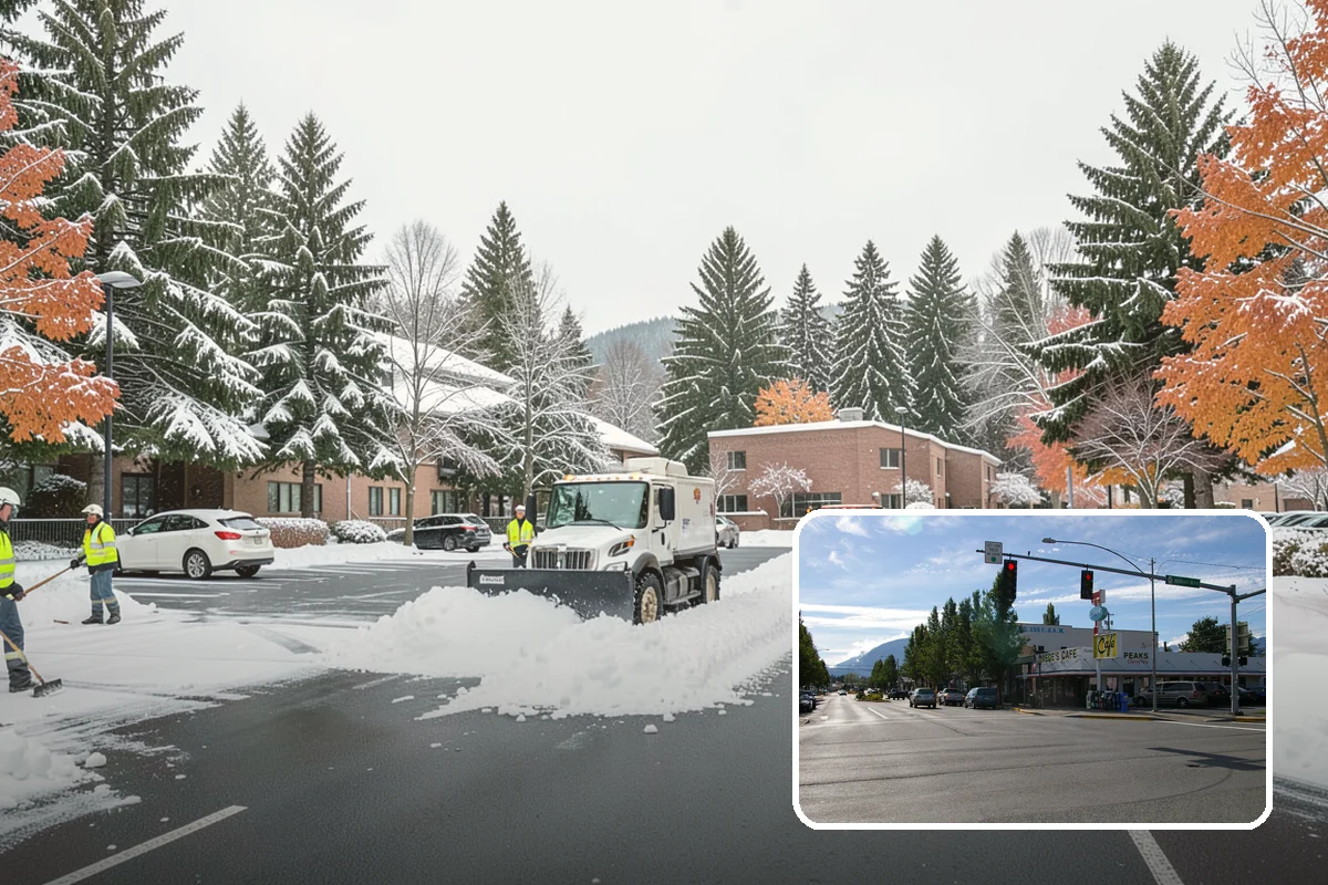 Gas Station Parking Lot Snow Removal in North Bend, King County, WA - Pump lanes and parking stay open for constant fuel traffic
