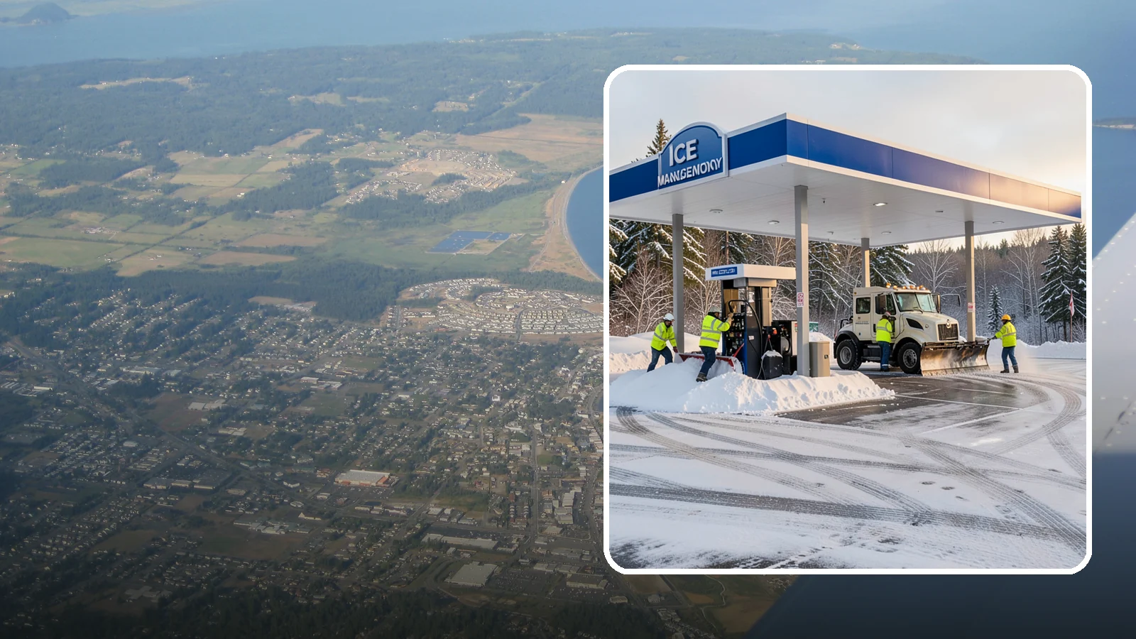Gas Station Parking Lot Snow Removal in Oak Harbor, Island County, WA - We clear gas station lots and fuel islands around the clock so Western Washington drivers refuel safely in winter.