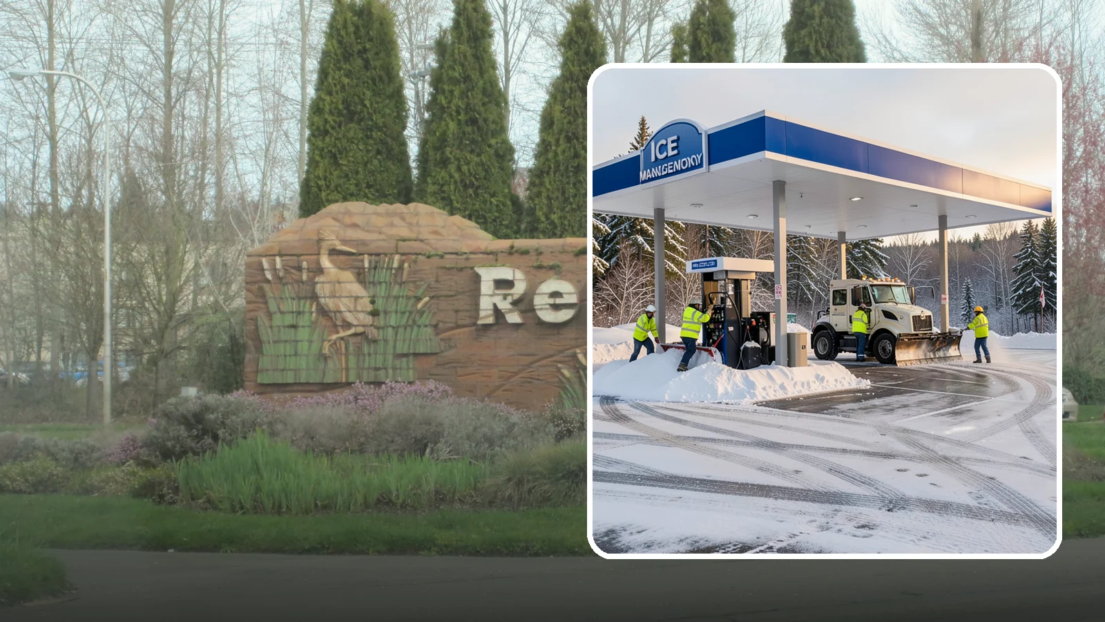 Gas Station Parking Lot Snow Removal in Renton, King County, WA - We clear gas station lots and fuel islands around the clock so Western Washington drivers refuel safely in winter.