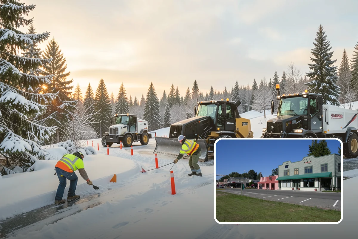 Gas Station Parking Lot Snow Removal in Snoqualmie, King County, WA - Pump lanes and parking stay open for constant fuel traffic