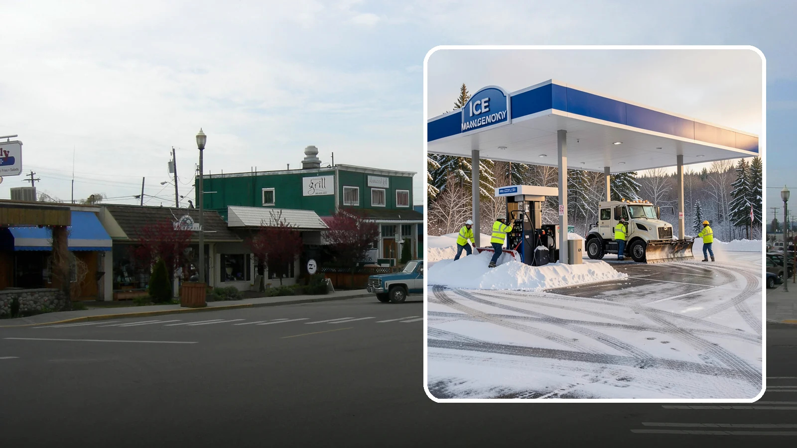 Gas Station Parking Lot Snow Removal in Stanwood, Snohomish County, WA - We clear gas station lots and fuel islands around the clock so Western Washington drivers refuel safely in winter.