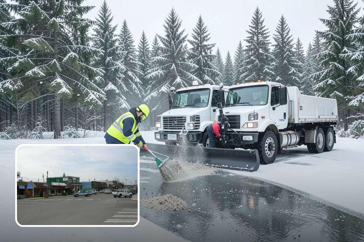 Gas Station Parking Lot Snow Removal in Stanwood, Snohomish County, WA - Pump lanes and parking stay open for constant fuel traffic