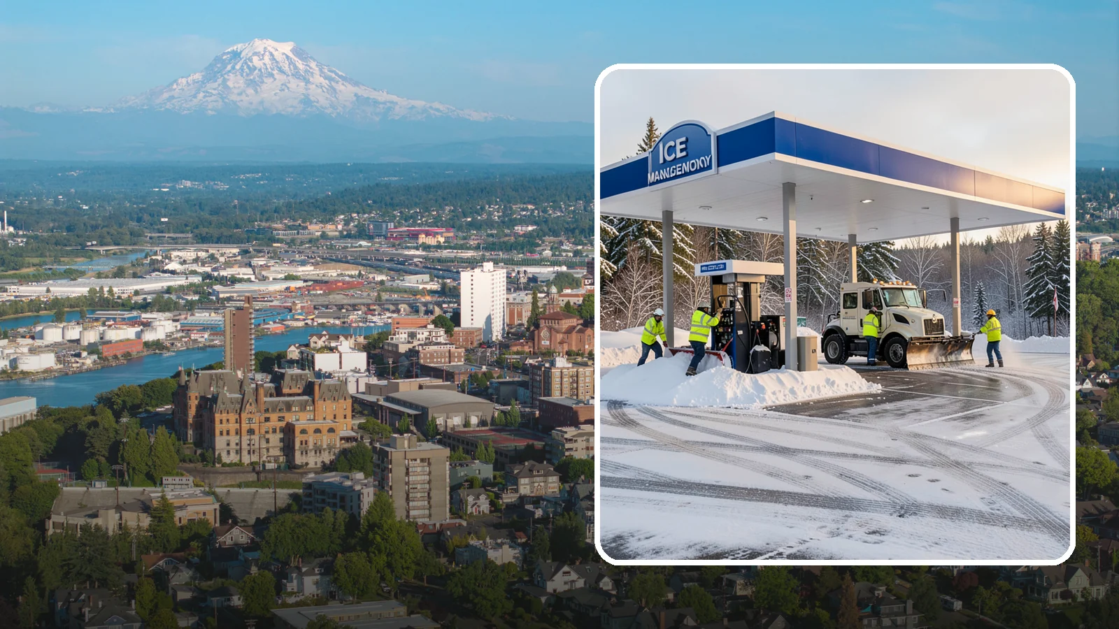 Gas Station Parking Lot Snow Removal in Tacoma, Pierce County, WA - We clear gas station lots and fuel islands around the clock so Western Washington drivers refuel safely in winter.