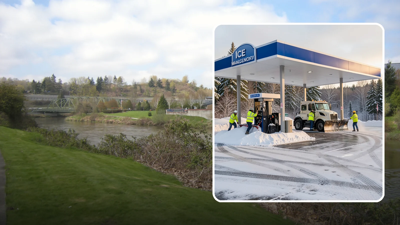 Gas Station Parking Lot Snow Removal in Tukwila, King County, WA - We clear gas station lots and fuel islands around the clock so Western Washington drivers refuel safely in winter.