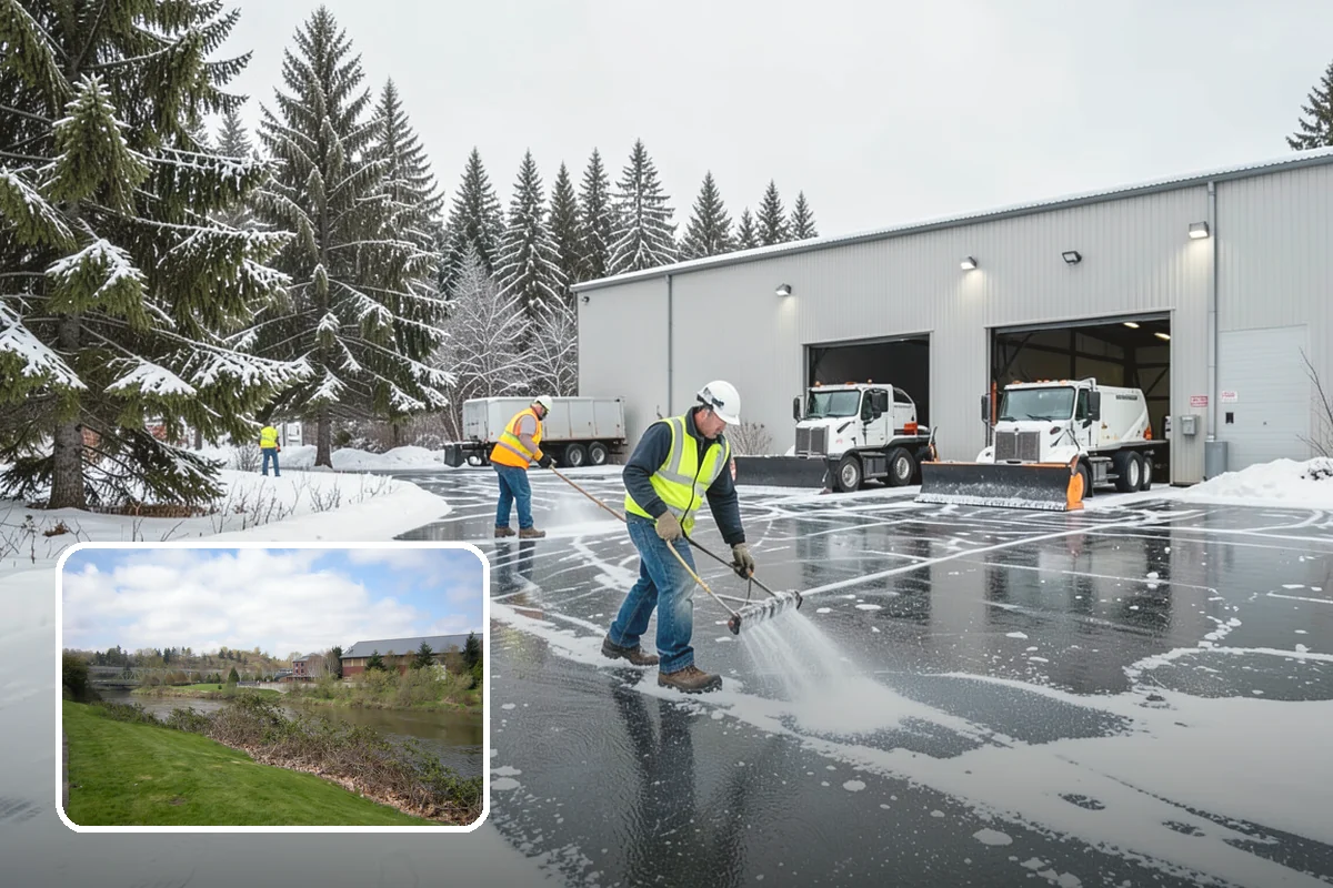 Gas Station Parking Lot Snow Removal in Tukwila, King County, WA - Pump lanes and parking stay open for constant fuel traffic