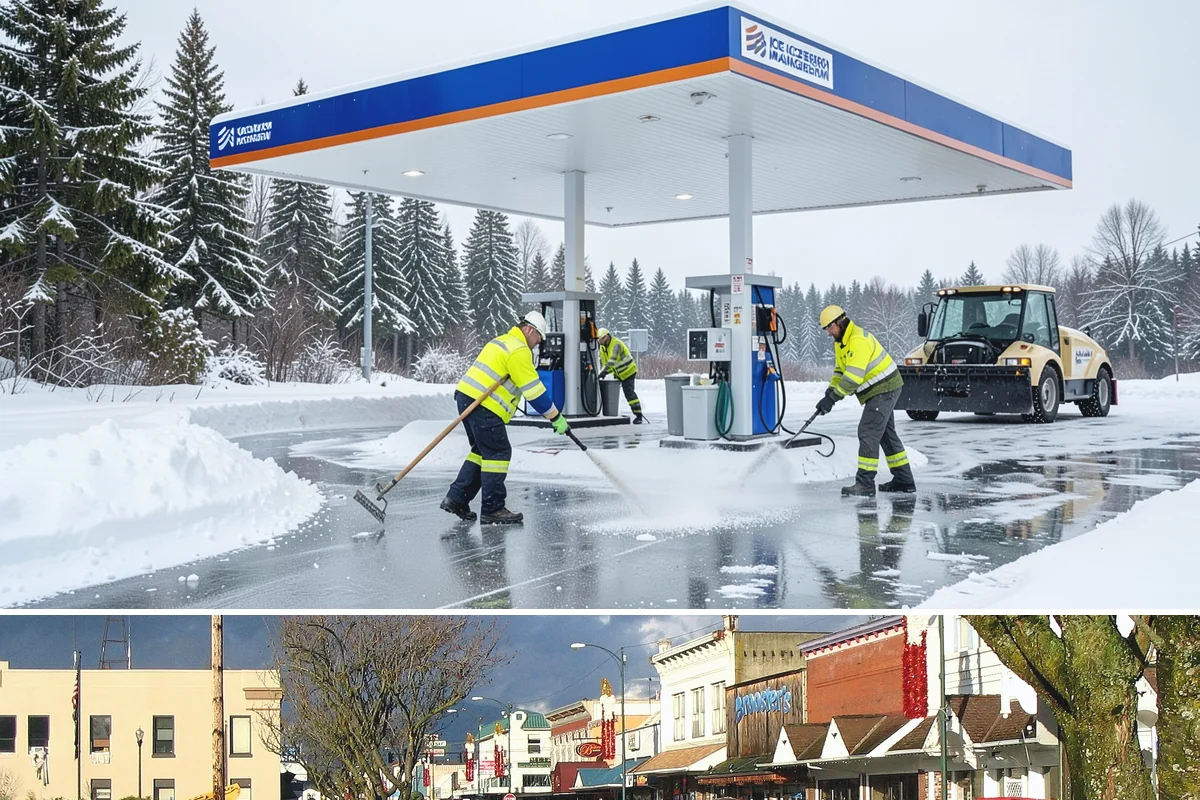 Gas Station Sidewalk Clearing in Arlington, Snohomish County, WA - Gas station demand is steady from late November through February, with 24-hour turnover keeping threshold ice a constant refreeze...