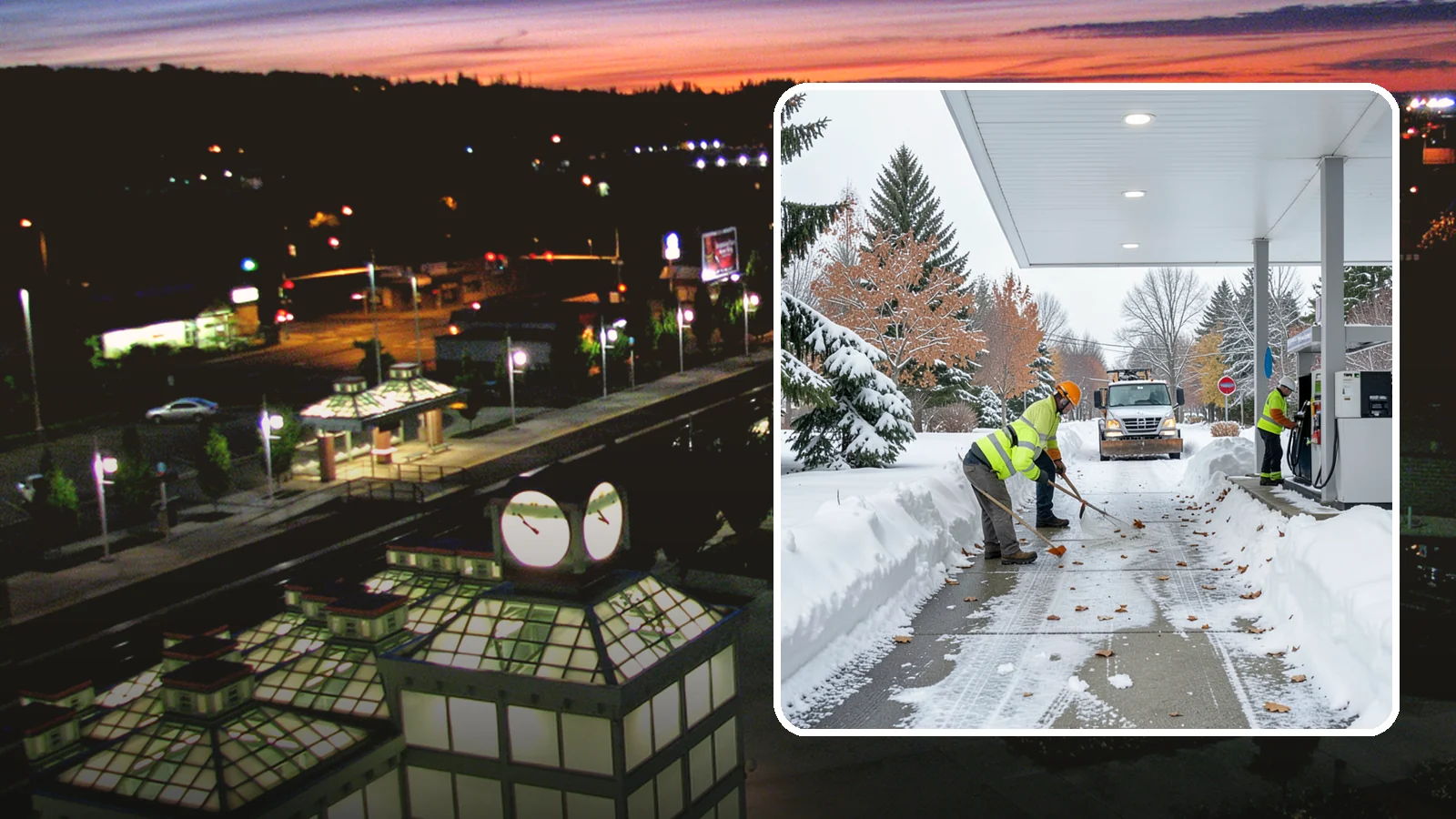 Gas Station Sidewalk Clearing in Auburn, King County, WA - Store-entrance and pump-walk clearing for Western Washington gas stations, keeping the high-turnover foot traffic safe around the...