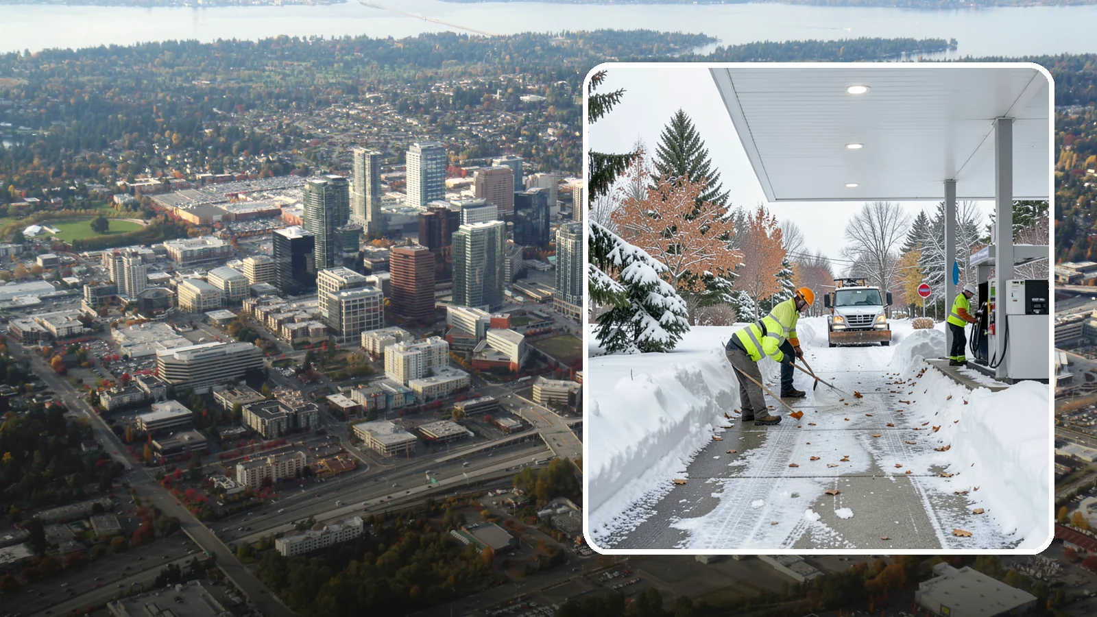 Gas Station Sidewalk Clearing in Bellevue, King County, WA - Store-entrance and pump-walk clearing for Western Washington gas stations, keeping the high-turnover foot traffic safe around the...