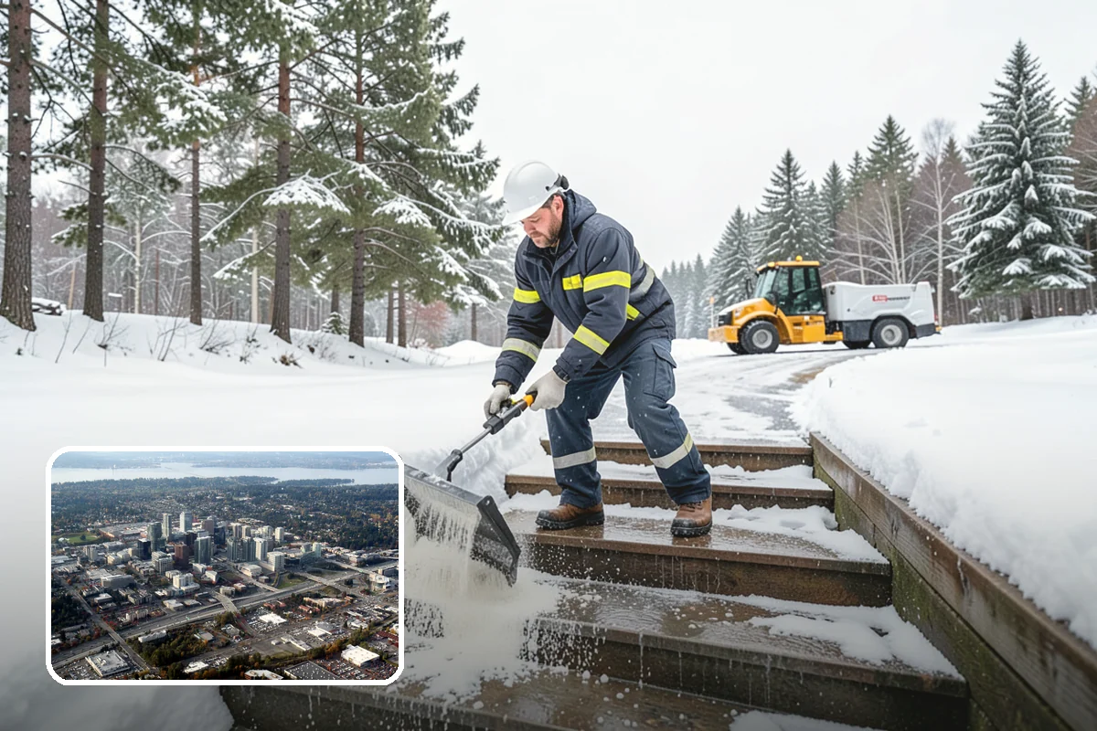 Gas Station Sidewalk Clearing in Bellevue, King County, WA - Store entrance and pump-island walks kept clear around the clock