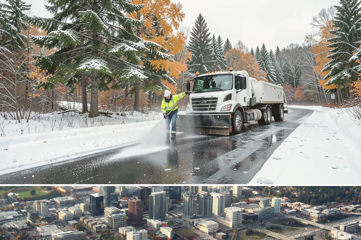 Gas Station Sidewalk Clearing in Bellevue, King County, WA - Gas station demand is steady from late November through February, with 24-hour turnover keeping threshold ice a constant refreeze...