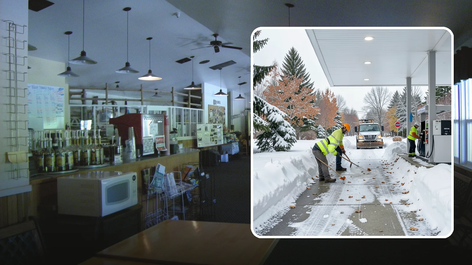 Gas Station Sidewalk Clearing in Black Diamond, King County, WA - Store-entrance and pump-walk clearing for Western Washington gas stations, keeping the high-turnover foot traffic safe around the...