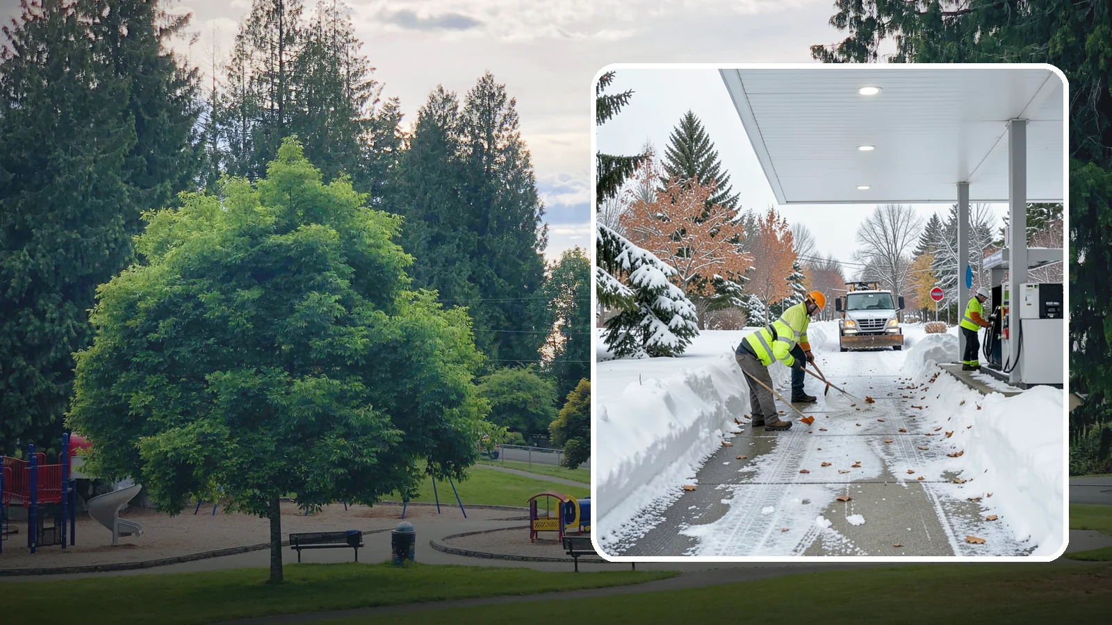 Gas Station Sidewalk Clearing in Bonney Lake, Pierce County, WA - Store-entrance and pump-walk clearing for Western Washington gas stations, keeping the high-turnover foot traffic safe around the...