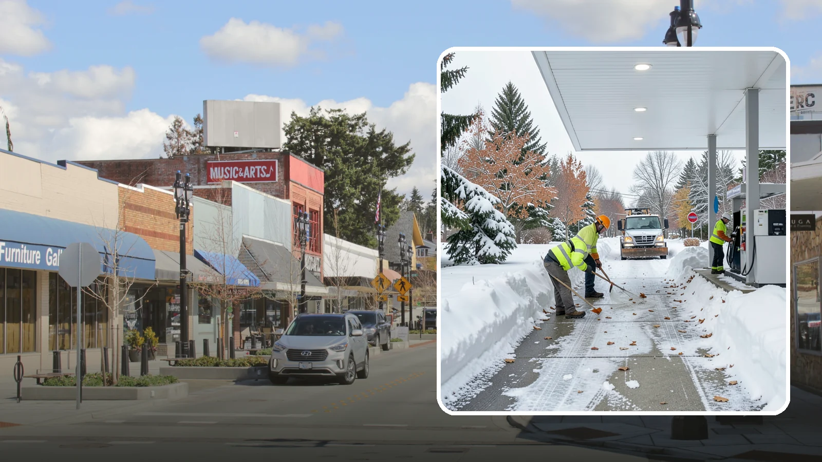 Gas Station Sidewalk Clearing in Bothell, King County, WA - Store-entrance and pump-walk clearing for Western Washington gas stations, keeping the high-turnover foot traffic safe around the...