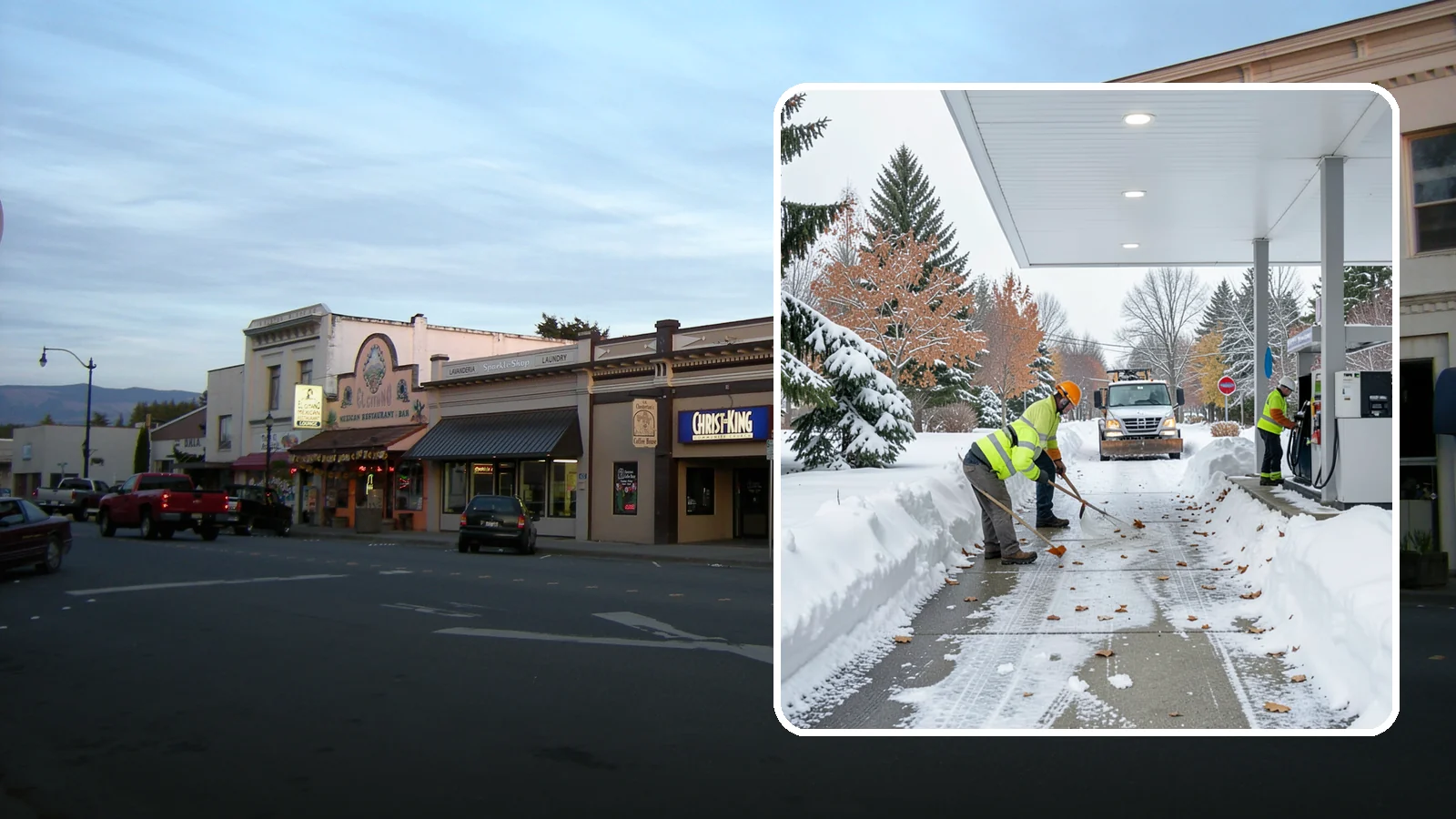 Gas Station Sidewalk Clearing in Burlington, Skagit County, WA - Store-entrance and pump-walk clearing for Western Washington gas stations, keeping the high-turnover foot traffic safe around the...