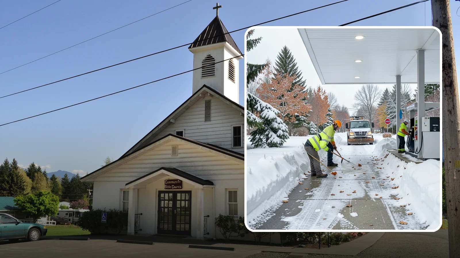 Gas Station Sidewalk Clearing in Concrete, Skagit County, WA - Store-entrance and pump-walk clearing for Western Washington gas stations, keeping the high-turnover foot traffic safe around the...
