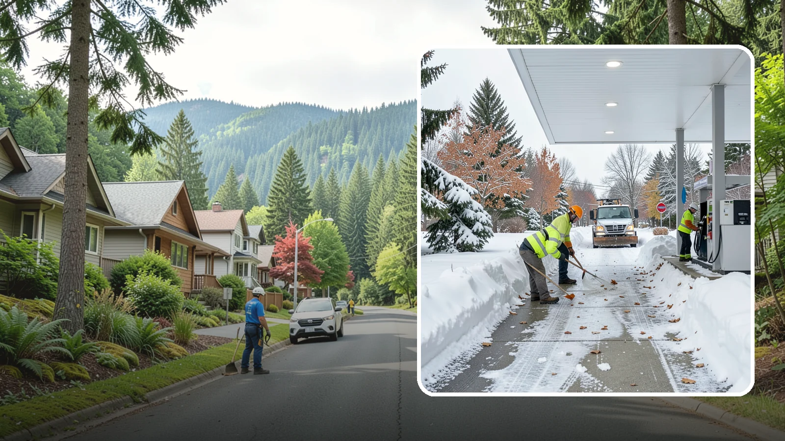 Gas Station Sidewalk Clearing in Darrington, Snohomish County, WA - Store-entrance and pump-walk clearing for Western Washington gas stations, keeping the high-turnover foot traffic safe around the...