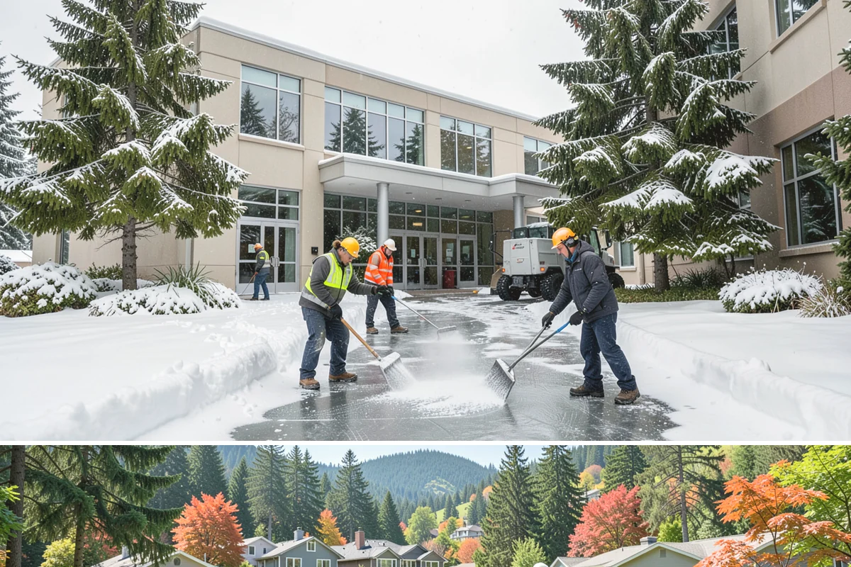 Gas Station Sidewalk Clearing in Fircrest, Pierce County, WA - Gas station demand is steady from late November through February, with 24-hour turnover keeping threshold ice a constant refreeze...
