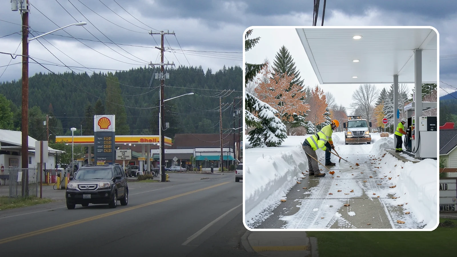 Gas Station Sidewalk Clearing in Granite Falls, Snohomish County, WA - Store-entrance and pump-walk clearing for Western Washington gas stations, keeping the high-turnover foot traffic safe around the...