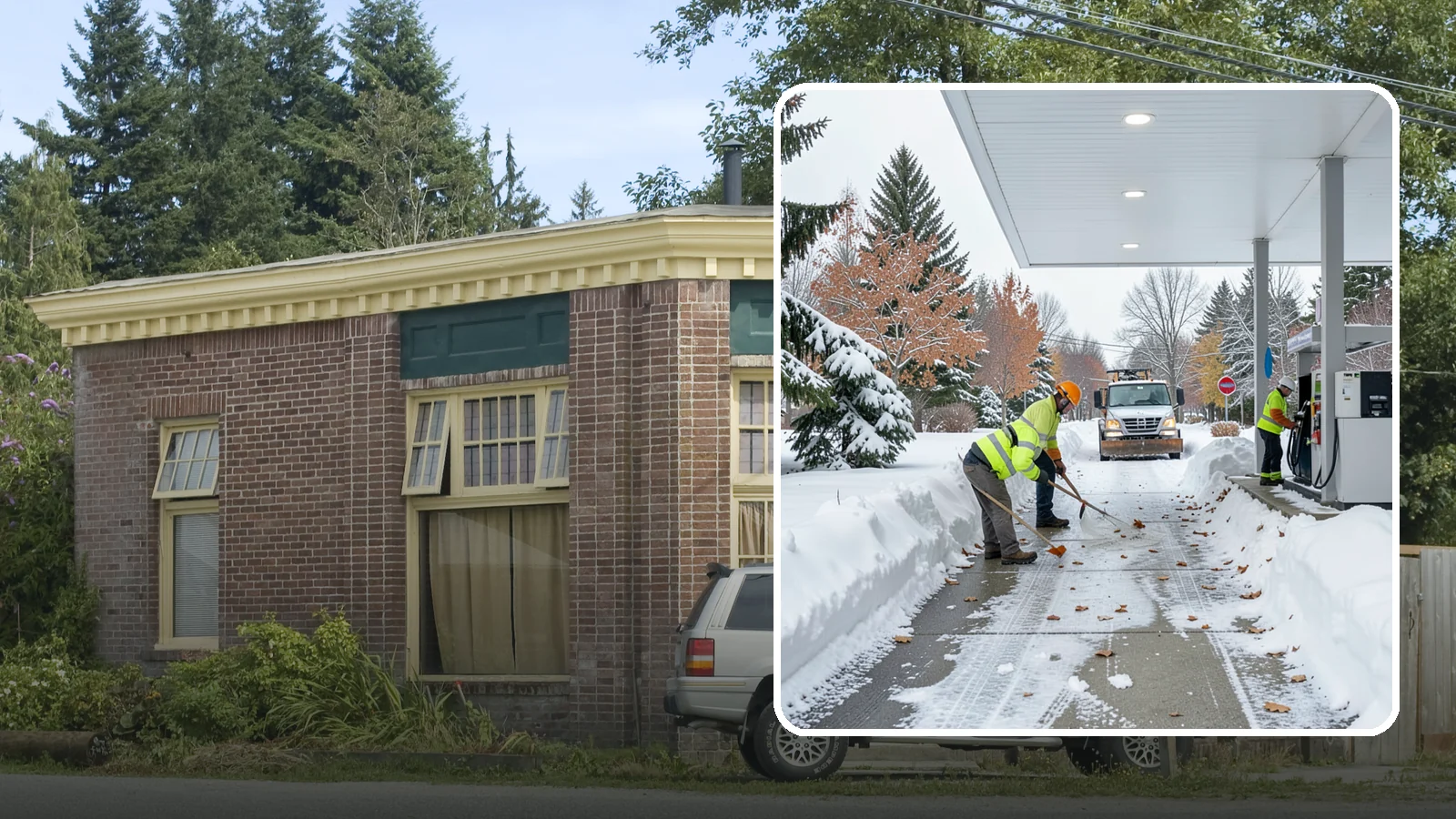 Gas Station Sidewalk Clearing in Hamilton, Skagit County, WA - Store-entrance and pump-walk clearing for Western Washington gas stations, keeping the high-turnover foot traffic safe around the...