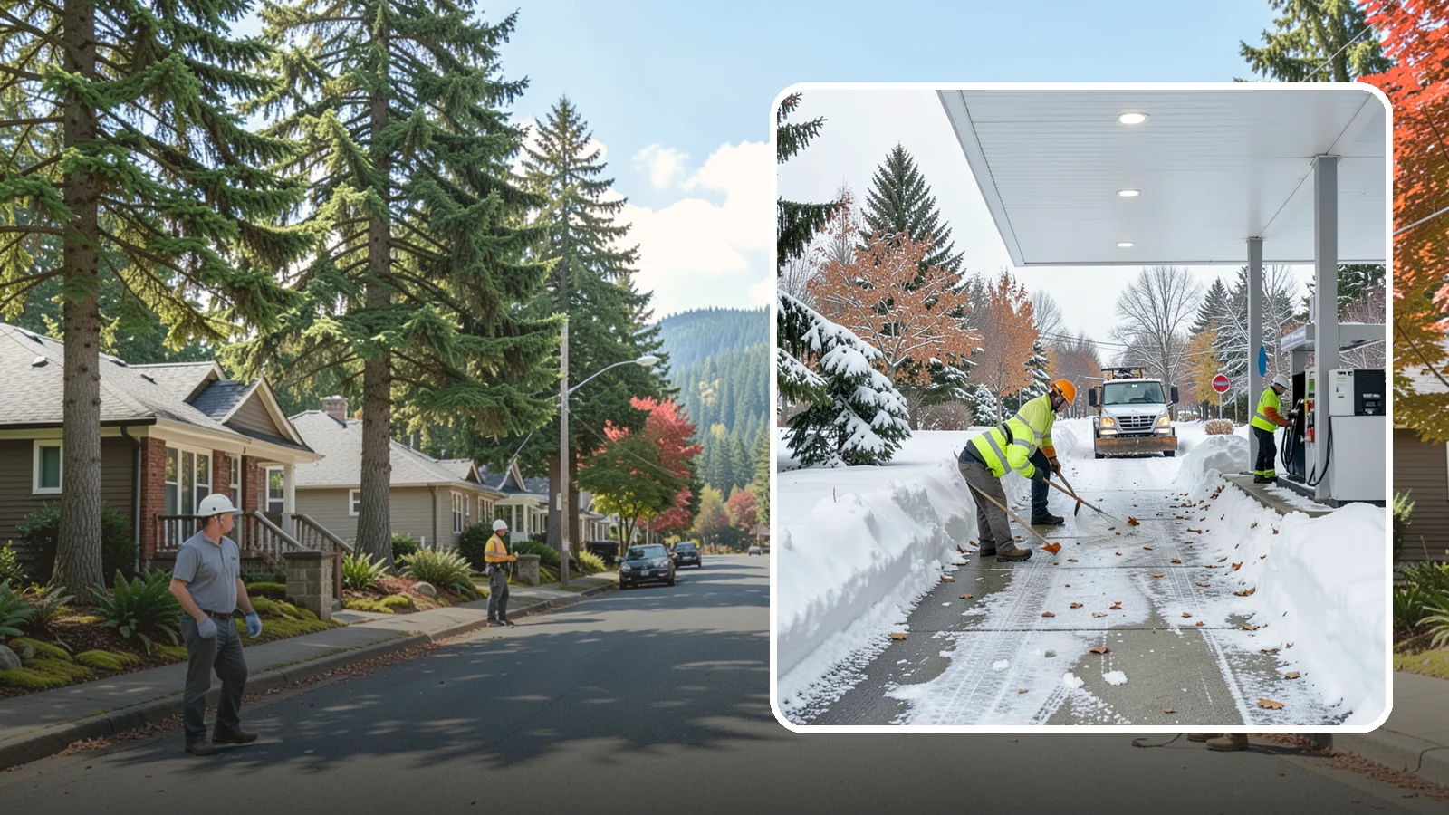 Gas Station Sidewalk Clearing in Hunts Point, King County, WA - Store-entrance and pump-walk clearing for Western Washington gas stations, keeping the high-turnover foot traffic safe around the...