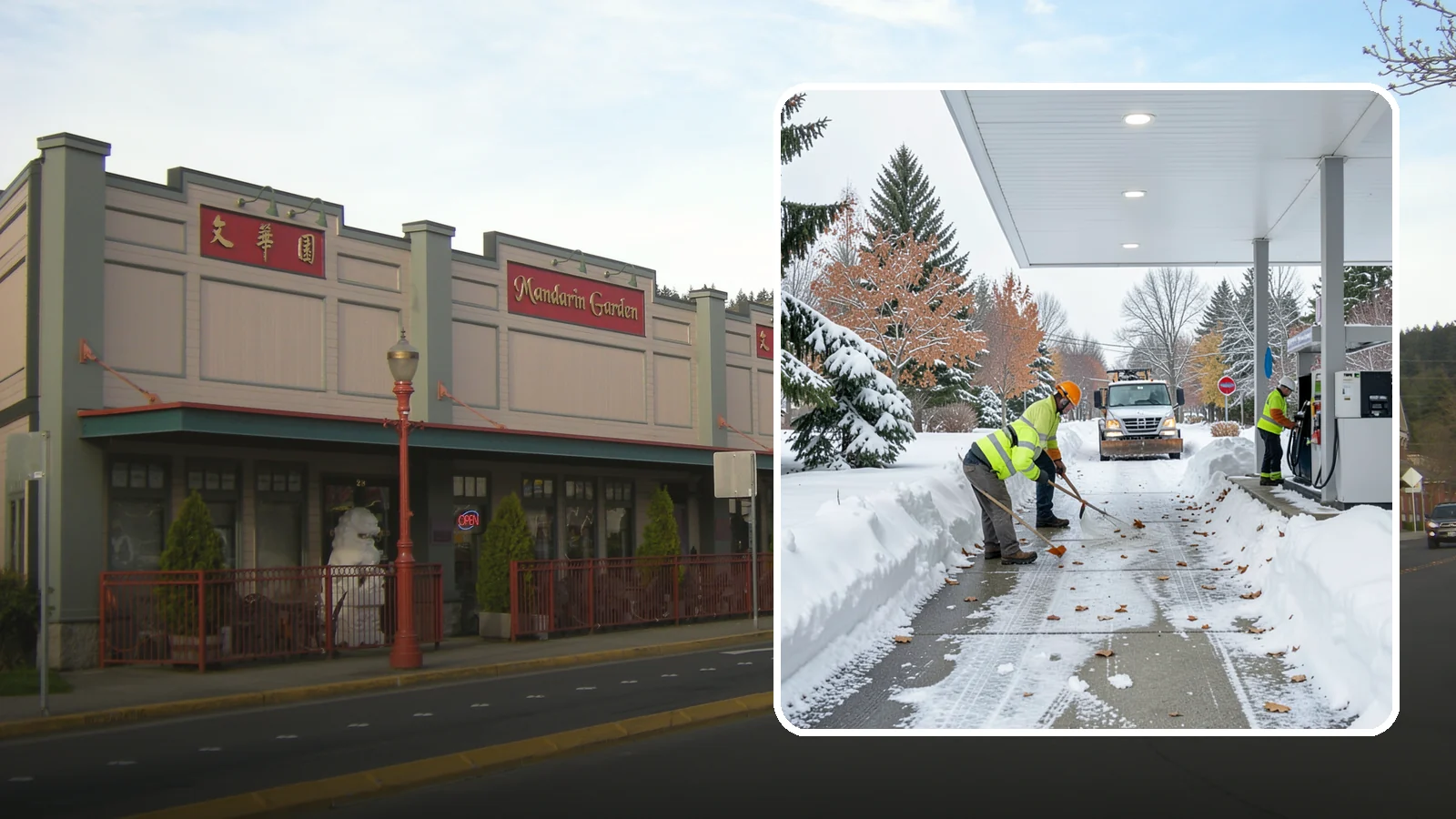 Gas Station Sidewalk Clearing in Issaquah, King County, WA - Store-entrance and pump-walk clearing for Western Washington gas stations, keeping the high-turnover foot traffic safe around the...