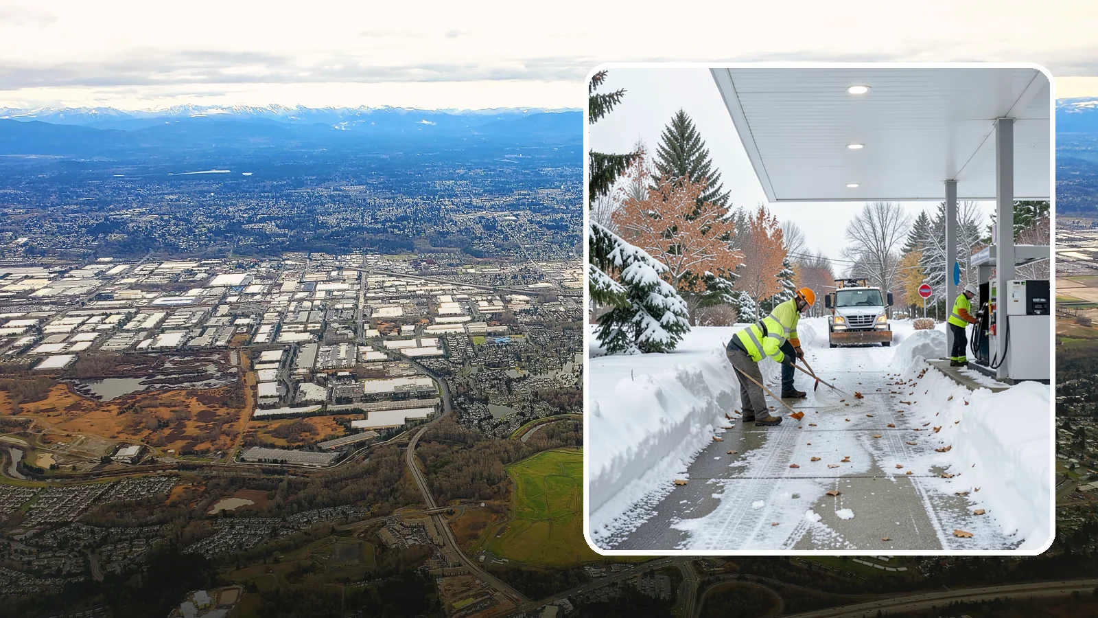 Gas Station Sidewalk Clearing in Kent, King County, WA - Store-entrance and pump-walk clearing for Western Washington gas stations, keeping the high-turnover foot traffic safe around the...