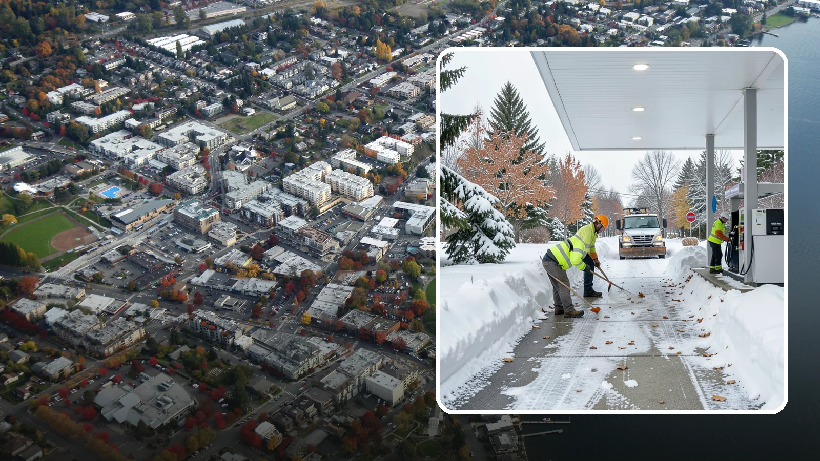 Gas Station Sidewalk Clearing in Kirkland, King County, WA - Store-entrance and pump-walk clearing for Western Washington gas stations, keeping the high-turnover foot traffic safe around the...