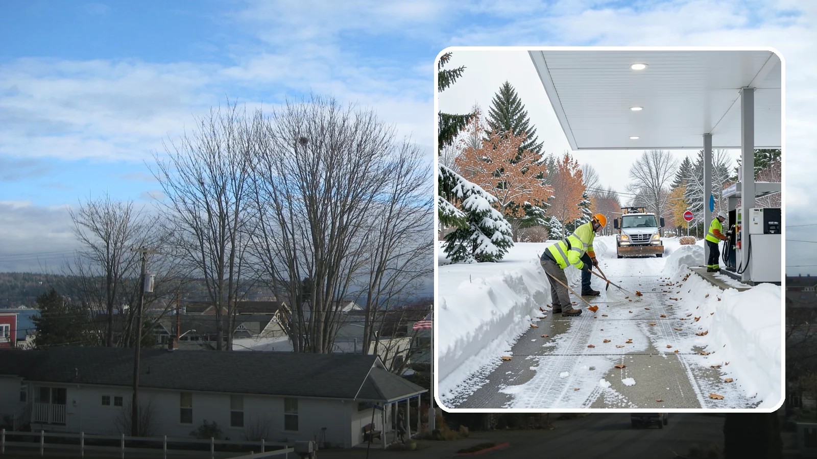 Gas Station Sidewalk Clearing in Langley, Island County, WA - Store-entrance and pump-walk clearing for Western Washington gas stations, keeping the high-turnover foot traffic safe around the...