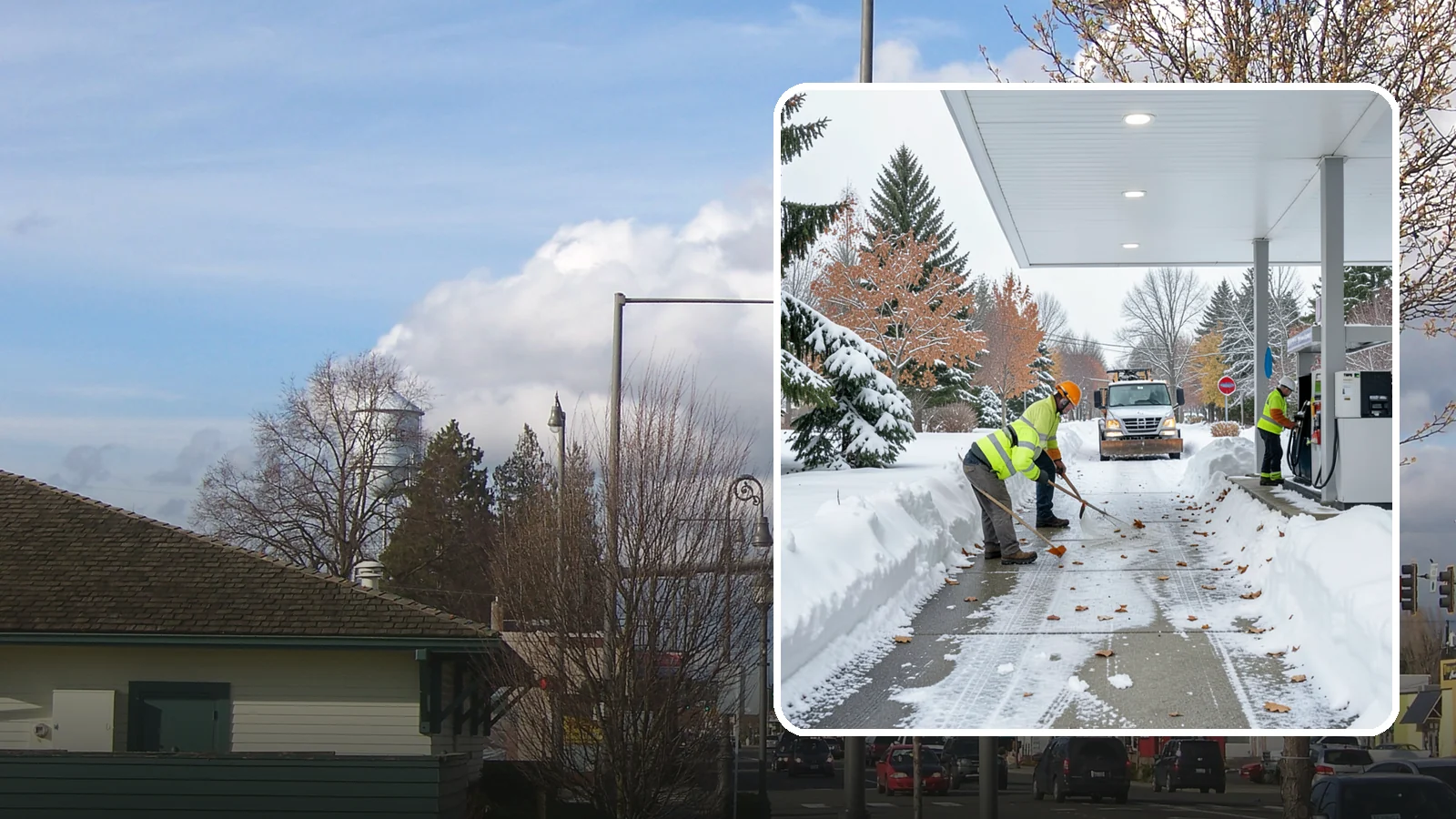 Gas Station Sidewalk Clearing in Marysville, Snohomish County, WA - Store-entrance and pump-walk clearing for Western Washington gas stations, keeping the high-turnover foot traffic safe around the...