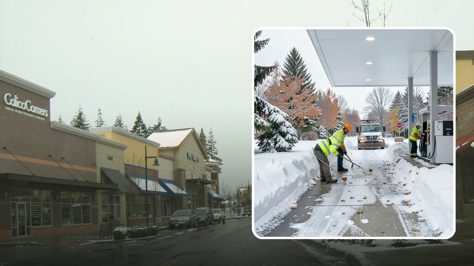 Gas Station Sidewalk Clearing in Mill Creek, Snohomish County, WA - Store-entrance and pump-walk clearing for Western Washington gas stations, keeping the high-turnover foot traffic safe around the...