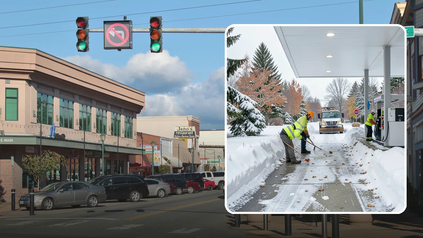 Gas Station Sidewalk Clearing in Monroe, Snohomish County, WA - Store-entrance and pump-walk clearing for Western Washington gas stations, keeping the high-turnover foot traffic safe around the...