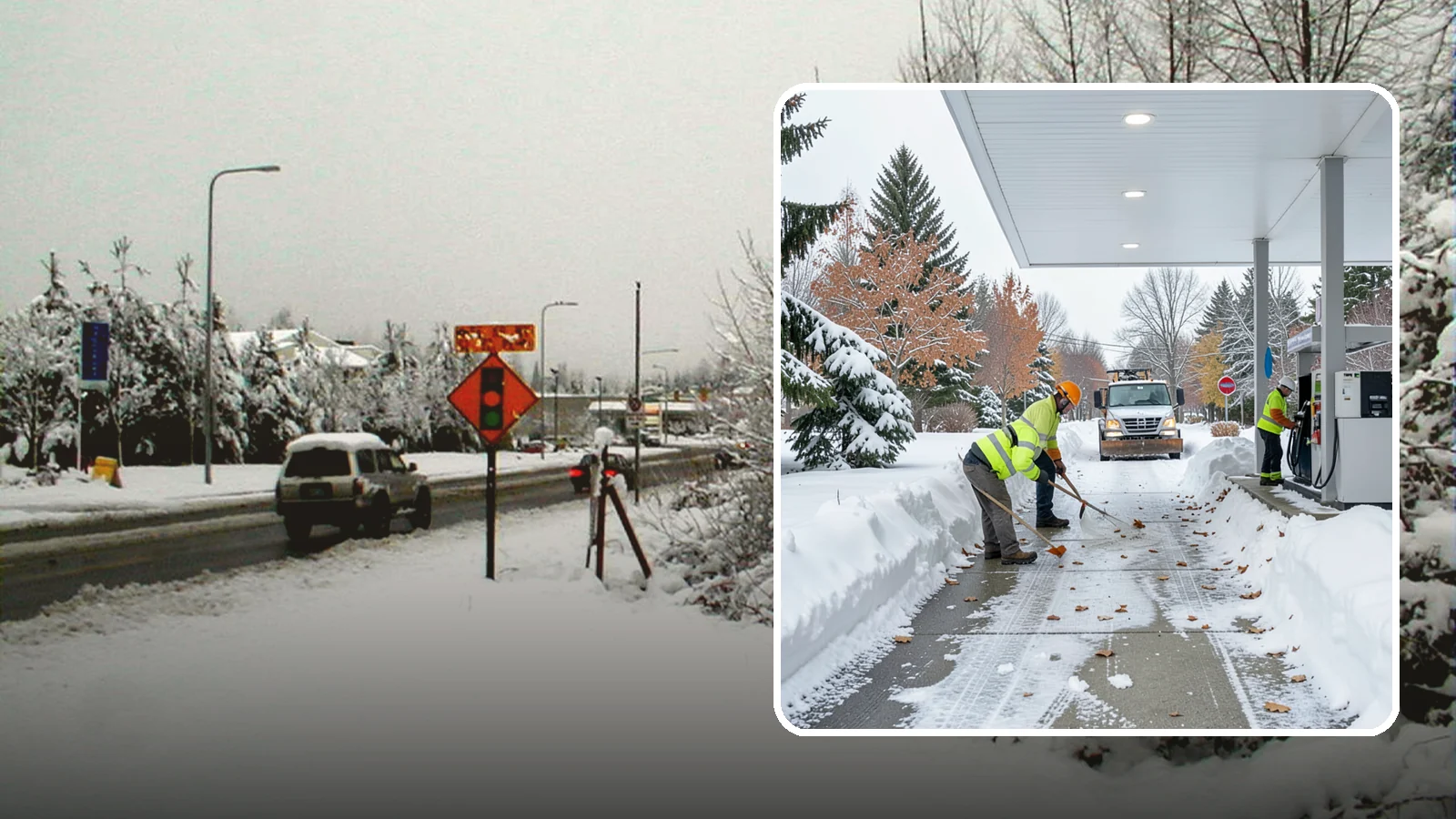 Gas Station Sidewalk Clearing in Newcastle, King County, WA - Store-entrance and pump-walk clearing for Western Washington gas stations, keeping the high-turnover foot traffic safe around the...