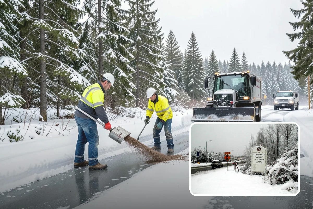 Gas Station Sidewalk Clearing in Newcastle, King County, WA - Store entrance and pump-island walks kept clear around the clock