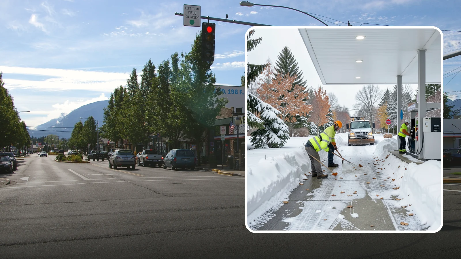 Gas Station Sidewalk Clearing in North Bend, King County, WA - Store-entrance and pump-walk clearing for Western Washington gas stations, keeping the high-turnover foot traffic safe around the...
