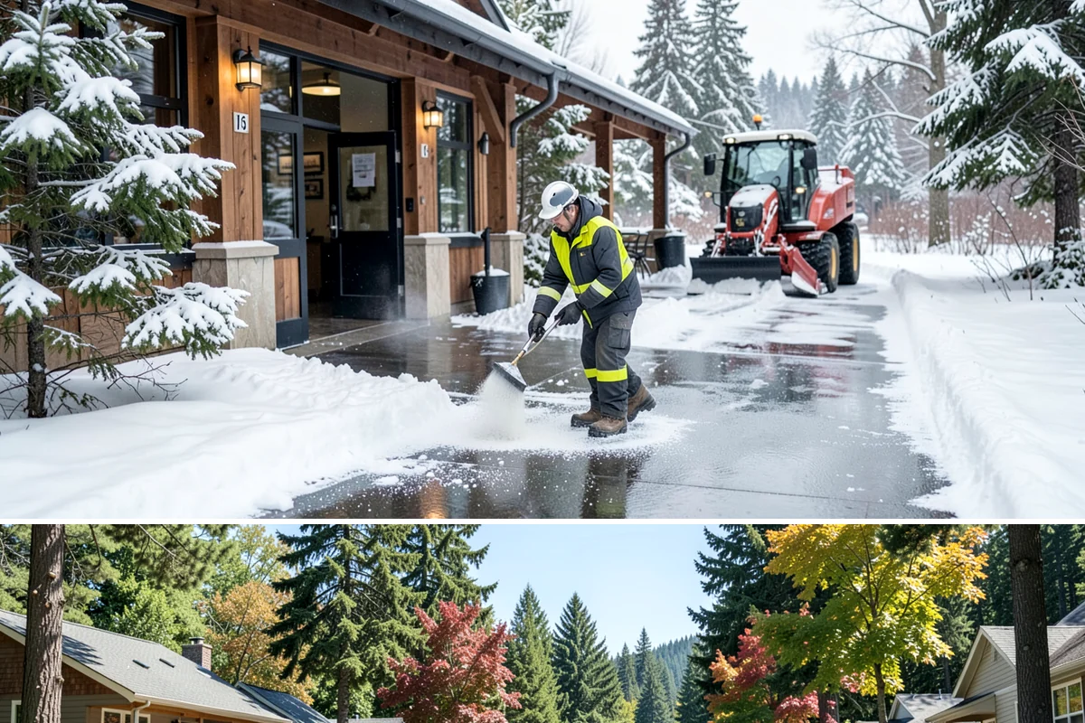 Gas Station Sidewalk Clearing in Orting, Pierce County, WA - Gas station demand is steady from late November through February, with 24-hour turnover keeping threshold ice a constant refreeze...