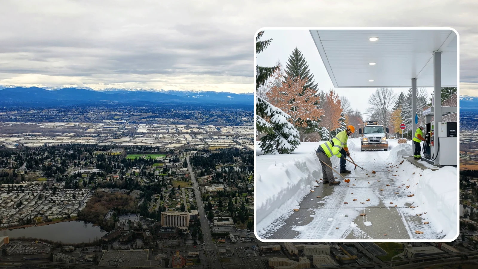 Gas Station Sidewalk Clearing in SeaTac, King County, WA - Store-entrance and pump-walk clearing for Western Washington gas stations, keeping the high-turnover foot traffic safe around the...