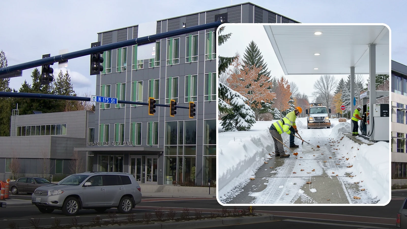 Gas Station Sidewalk Clearing in Shoreline, King County, WA - Store-entrance and pump-walk clearing for Western Washington gas stations, keeping the high-turnover foot traffic safe around the...