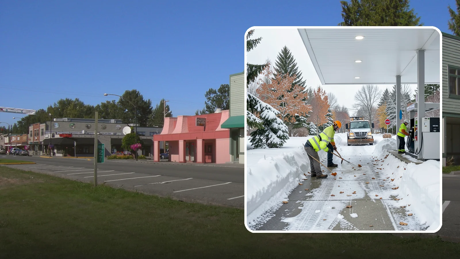 Gas Station Sidewalk Clearing in Snoqualmie, King County, WA - Store-entrance and pump-walk clearing for Western Washington gas stations, keeping the high-turnover foot traffic safe around the...