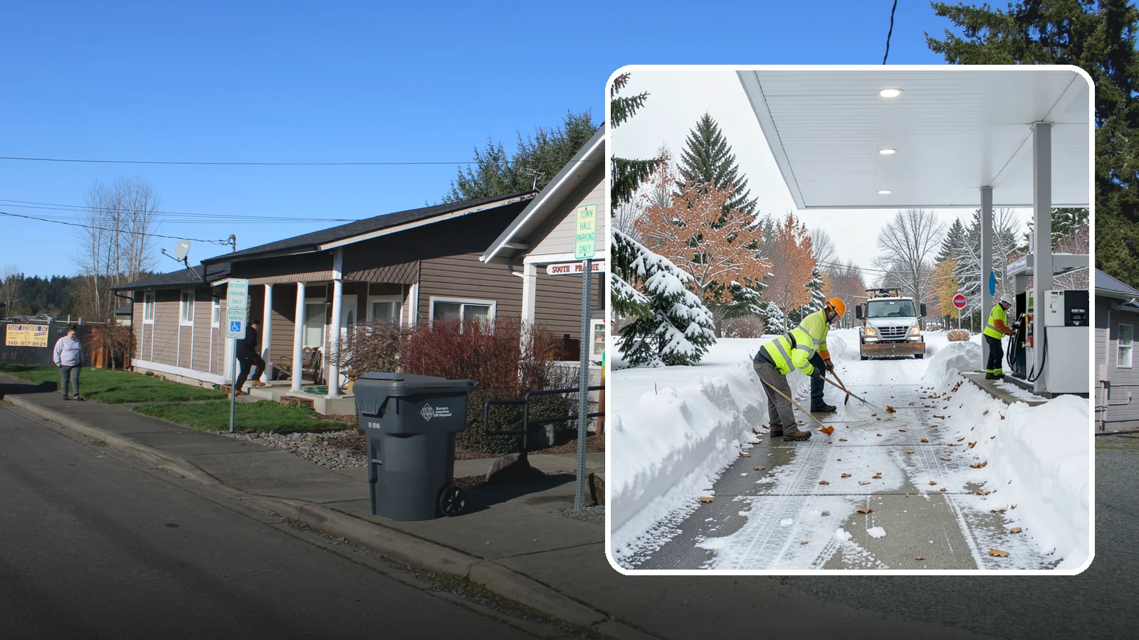 Gas Station Sidewalk Clearing in South Prairie, Pierce County, WA - Store-entrance and pump-walk clearing for Western Washington gas stations, keeping the high-turnover foot traffic safe around the...