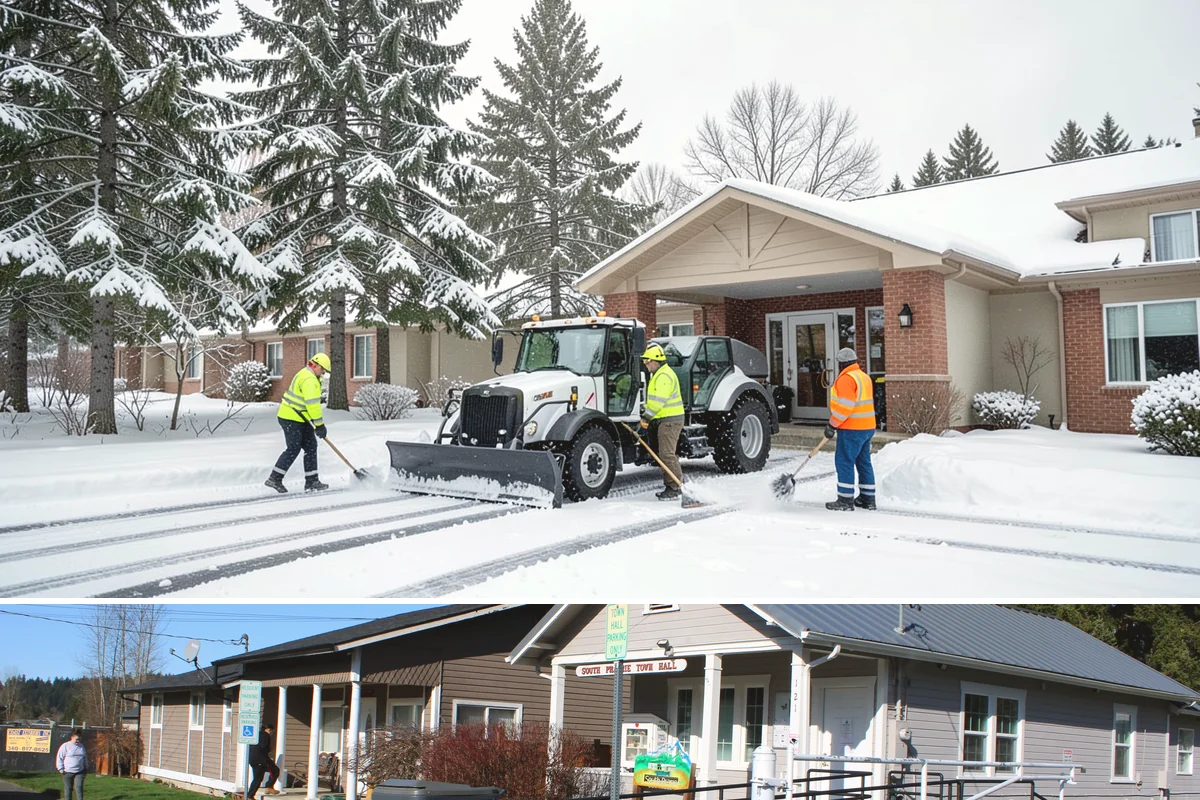 Gas Station Sidewalk Clearing in South Prairie, Pierce County, WA - Gas station demand is steady from late November through February, with 24-hour turnover keeping threshold ice a constant refreeze...