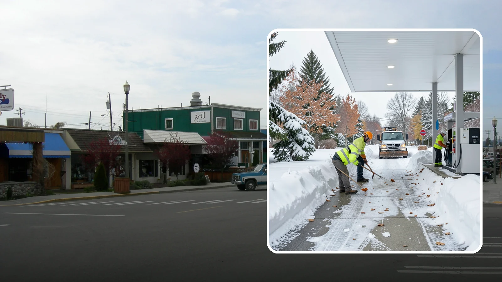 Gas Station Sidewalk Clearing in Stanwood, Snohomish County, WA - Store-entrance and pump-walk clearing for Western Washington gas stations, keeping the high-turnover foot traffic safe around the...